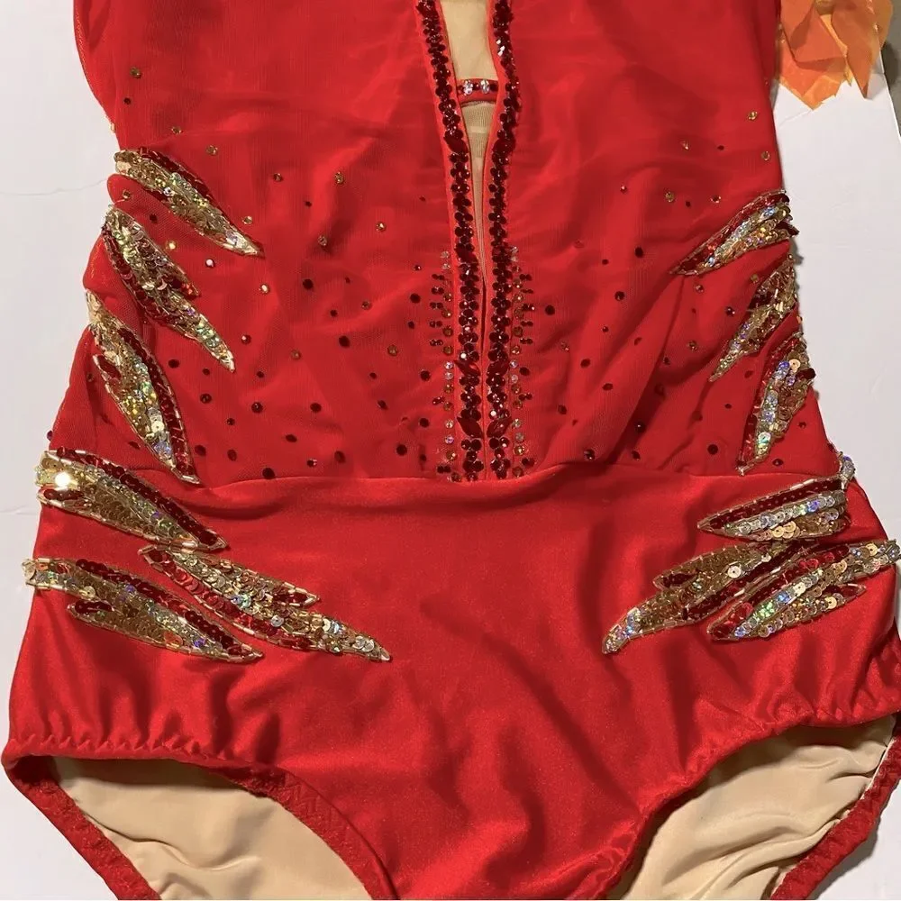 Fire flame Custom Solo lyrical embellished rhinestone Dance Costume LA adult